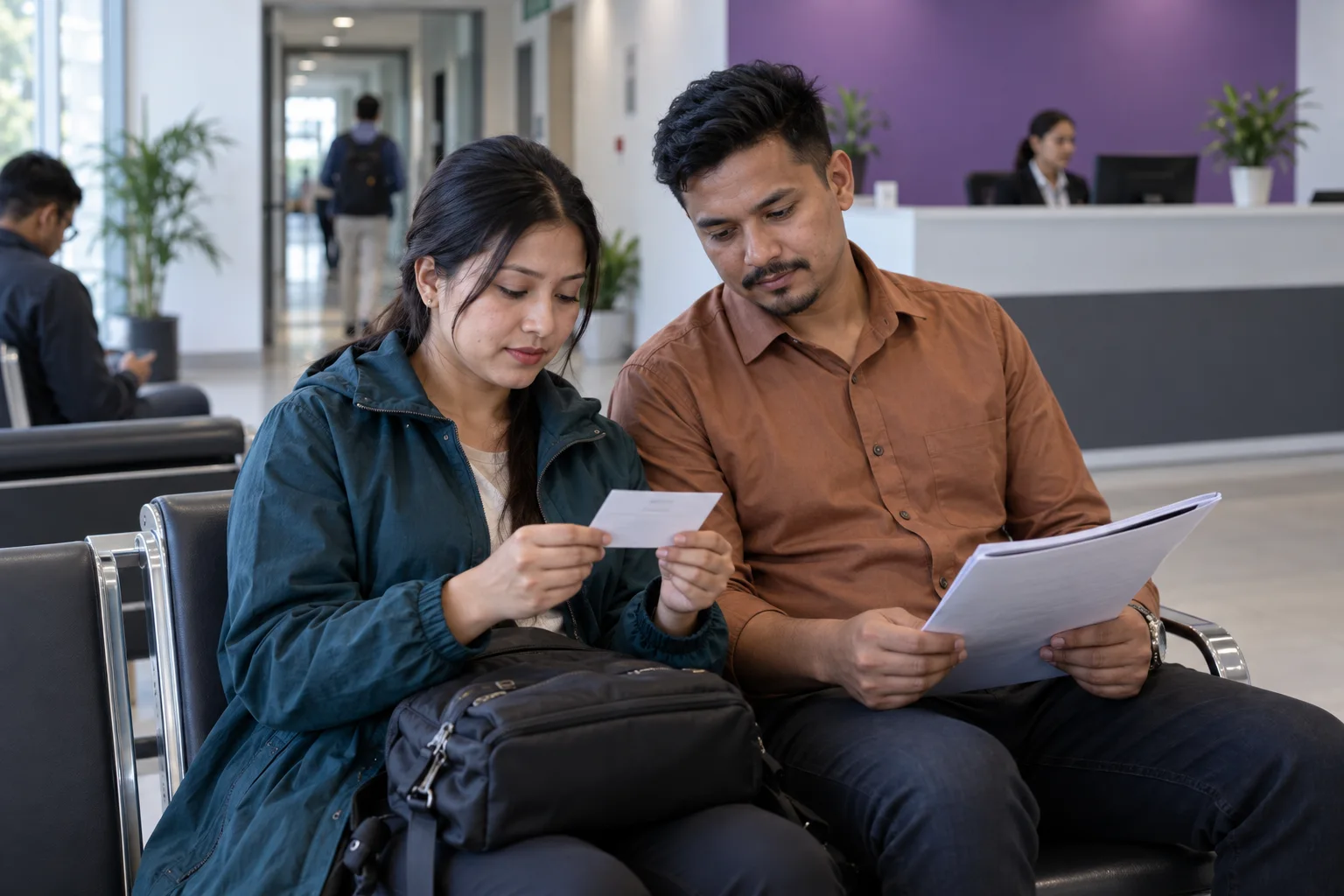 Two Nepali applicants checking appointment documents in a PTE Academic test centre waiting area