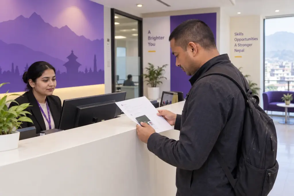 Nepali applicant checking documents at a PTE Academic test centre reception