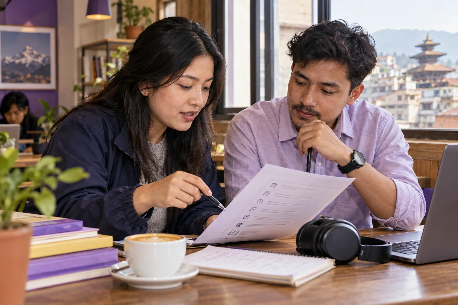 Nepali learners reviewing a printed test booking checklist beside a laptop
