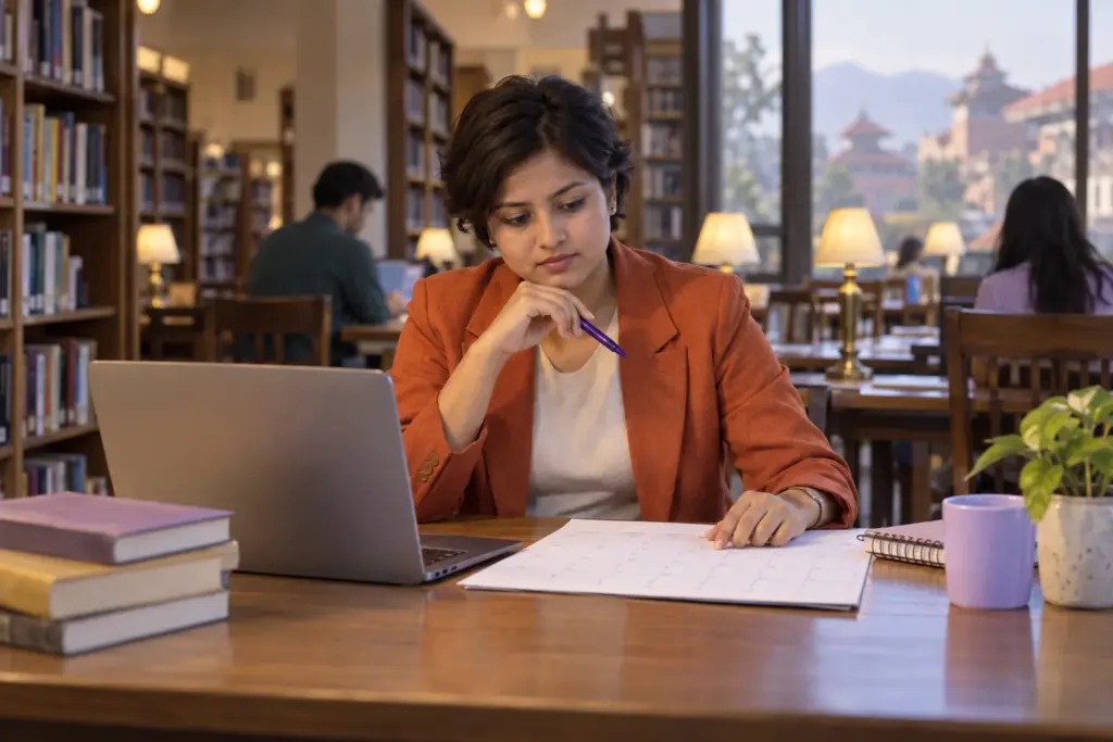 Nepali learner checking a calendar and laptop for a PTE Academic rescheduling decision