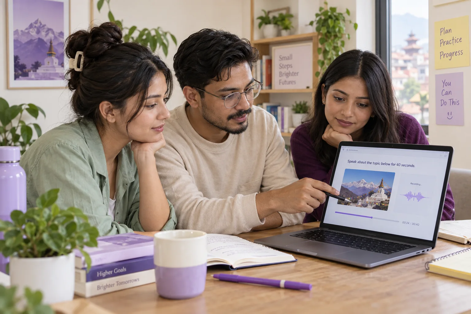 Three Nepali learners reviewing a timed speaking practice task on a laptop