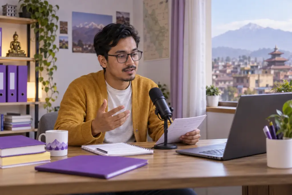 Nepali learner practising a speaking response into a microphone before a PTE retake