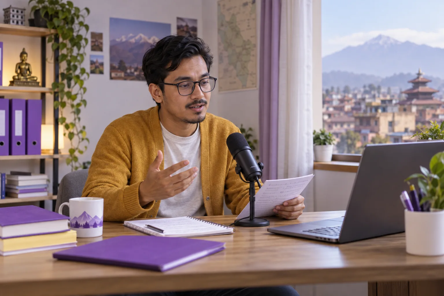 Nepali learner practising a speaking response into a microphone before a PTE retake