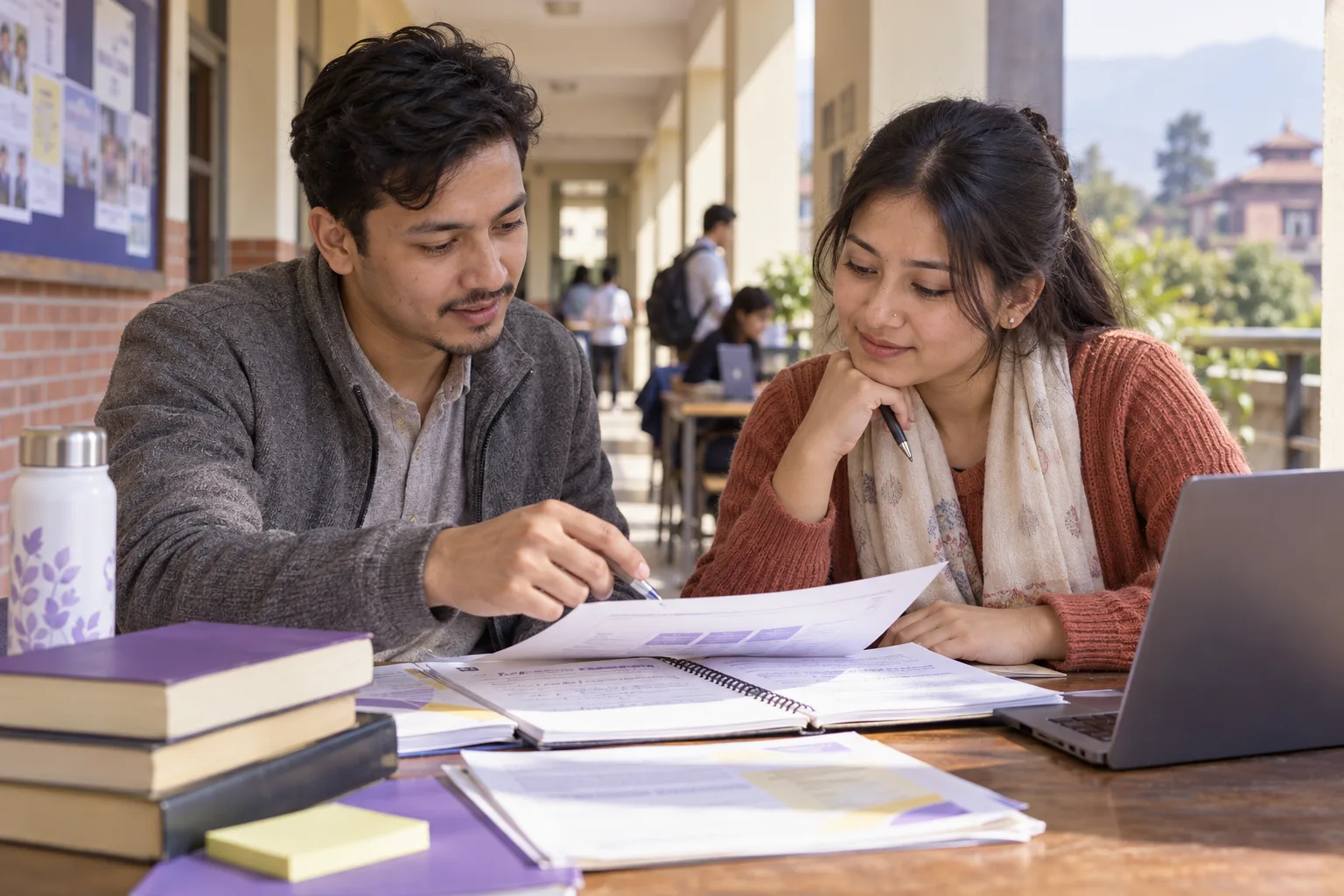 Nepali learners checking a printed PTE result report and study notes