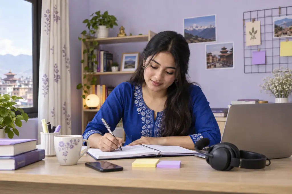 Nepali learner recording notes for a PTE Academic score report and sharing plan