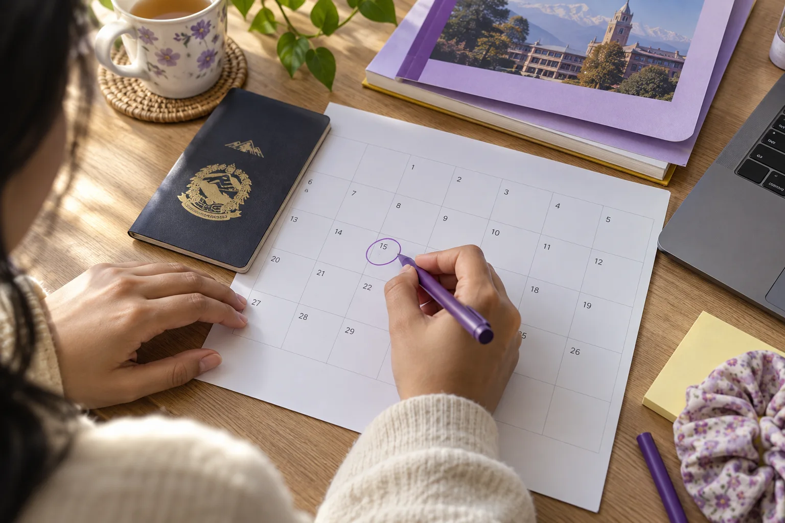 Applicant circling an application deadline beside a passport and calendar