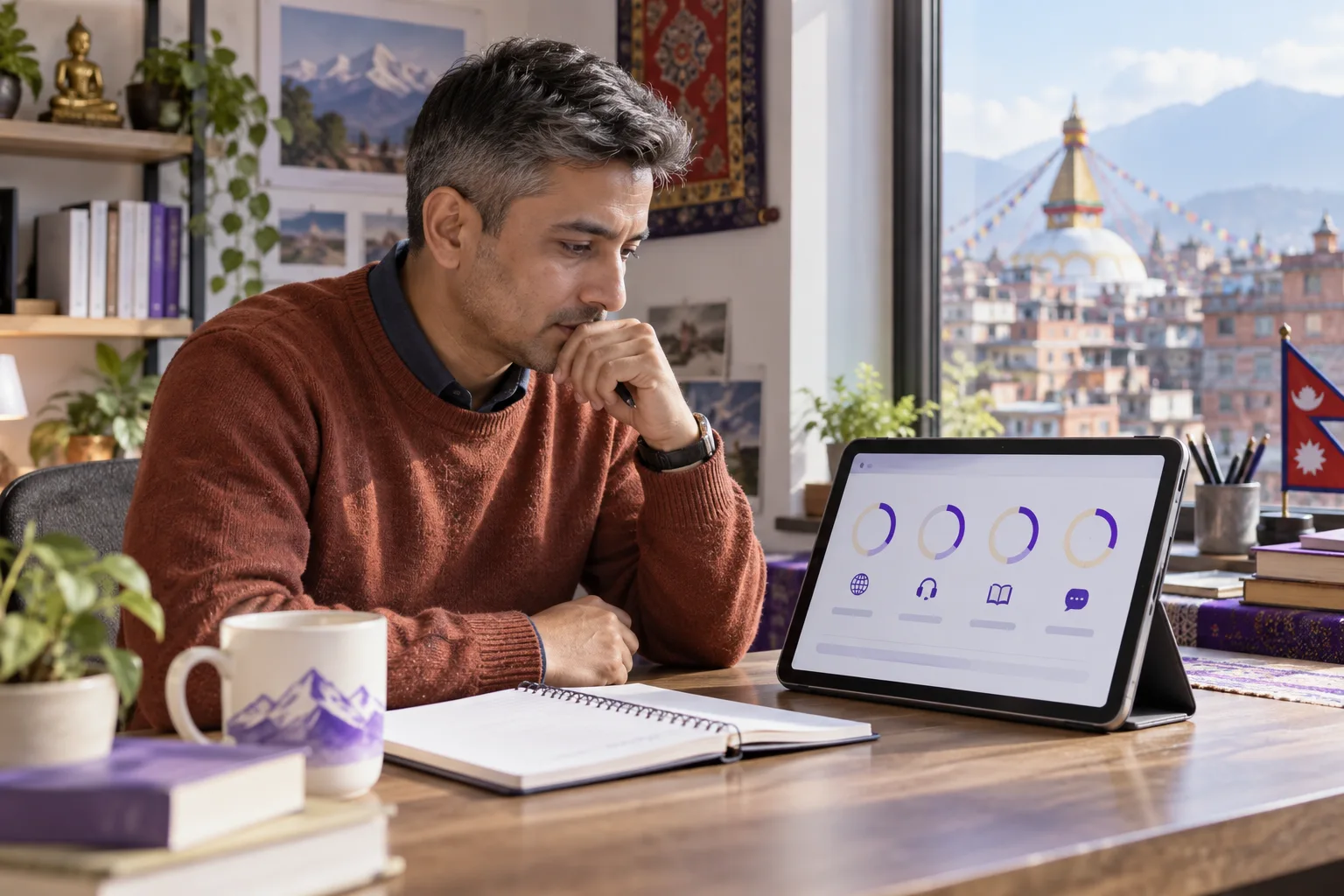 Nepali learner reviewing four PTE Academic skill score indicators on a tablet
