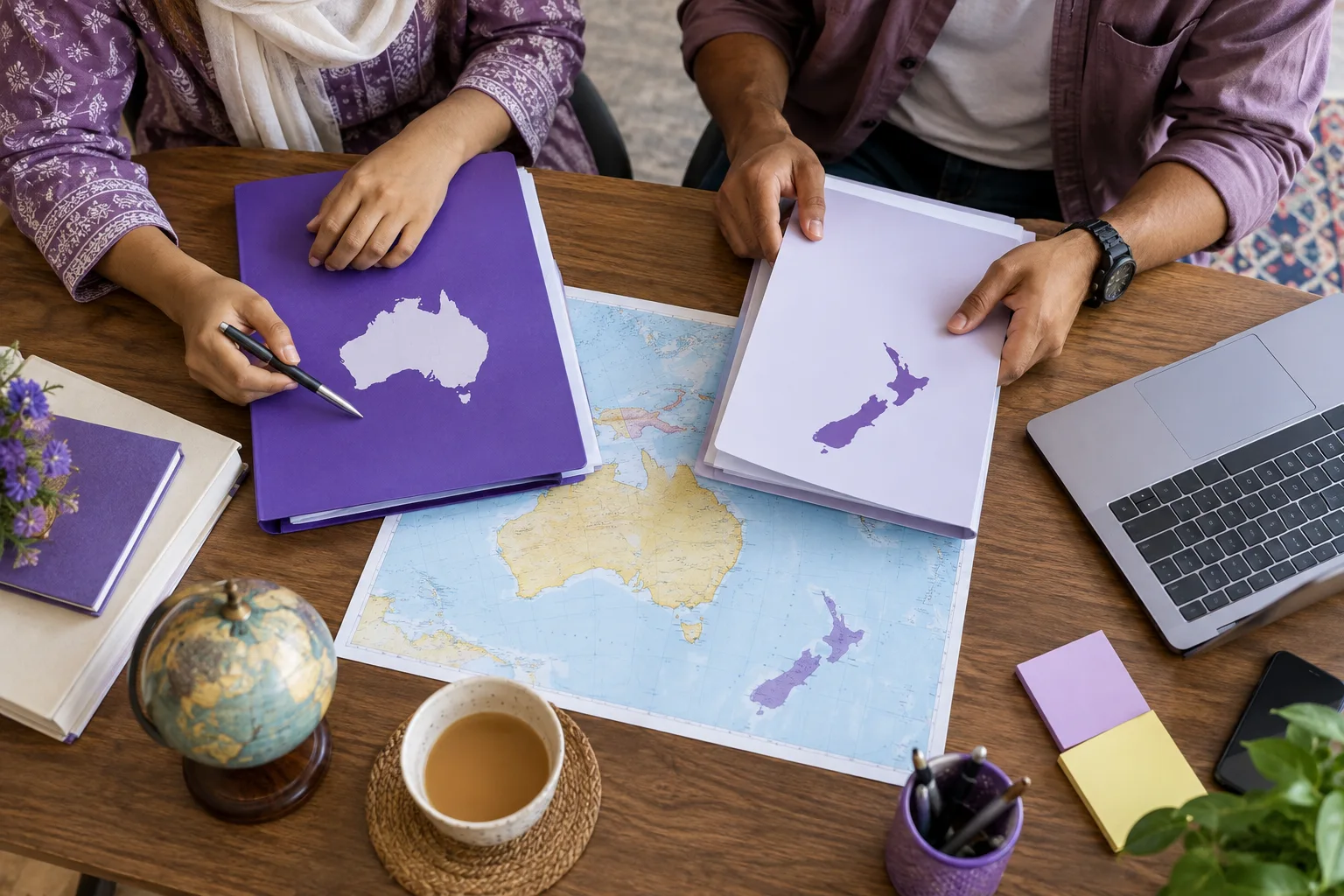 Applicants comparing Australia and New Zealand application folders over a map