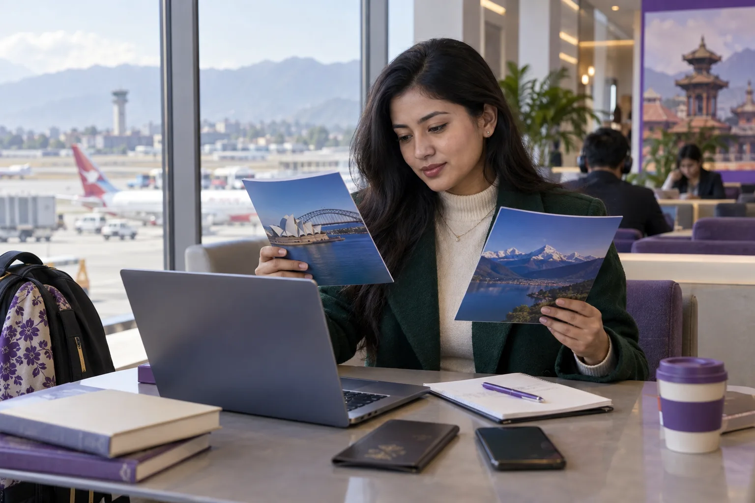 Nepali applicant comparing Australia and New Zealand study brochures at a laptop