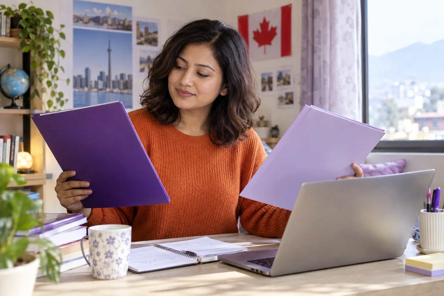 Nepali applicant reviewing Canadian study and immigration folders beside a laptop