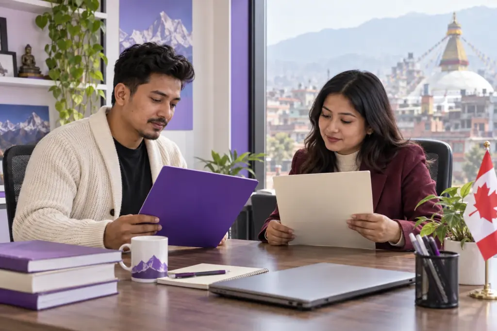 Nepali learners comparing Canadian study and immigration test plans with separate folders