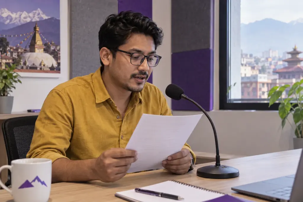 Nepali learner practising PTE Read Aloud into a microphone with a printed passage