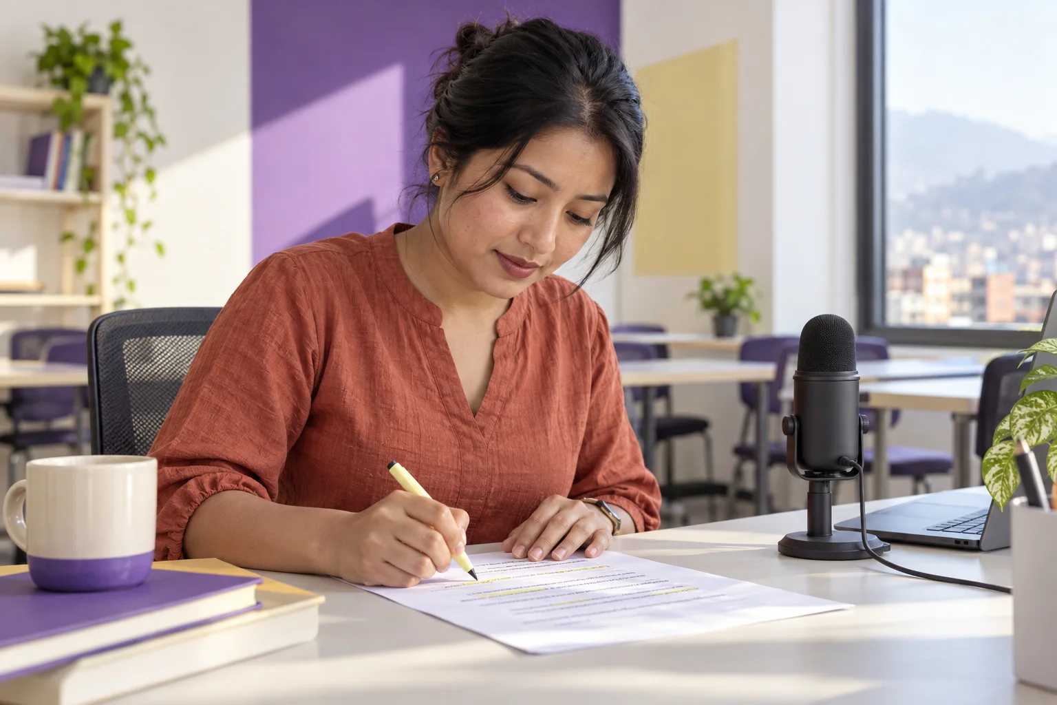Nepali learner marking phrase boundaries on a PTE Read Aloud practice sheet beside a microphone