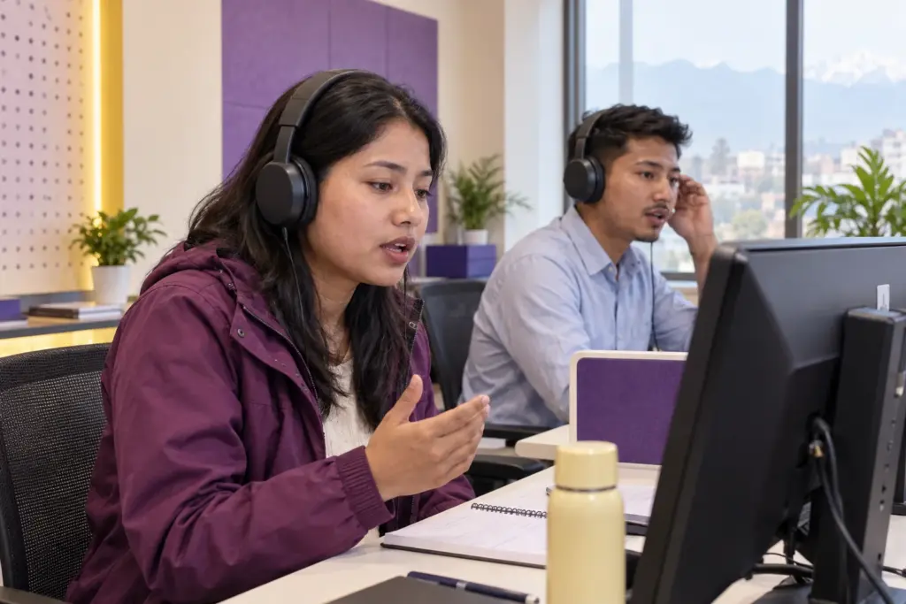 Nepali learners practising PTE Repeat Sentence with headphones in a language lab