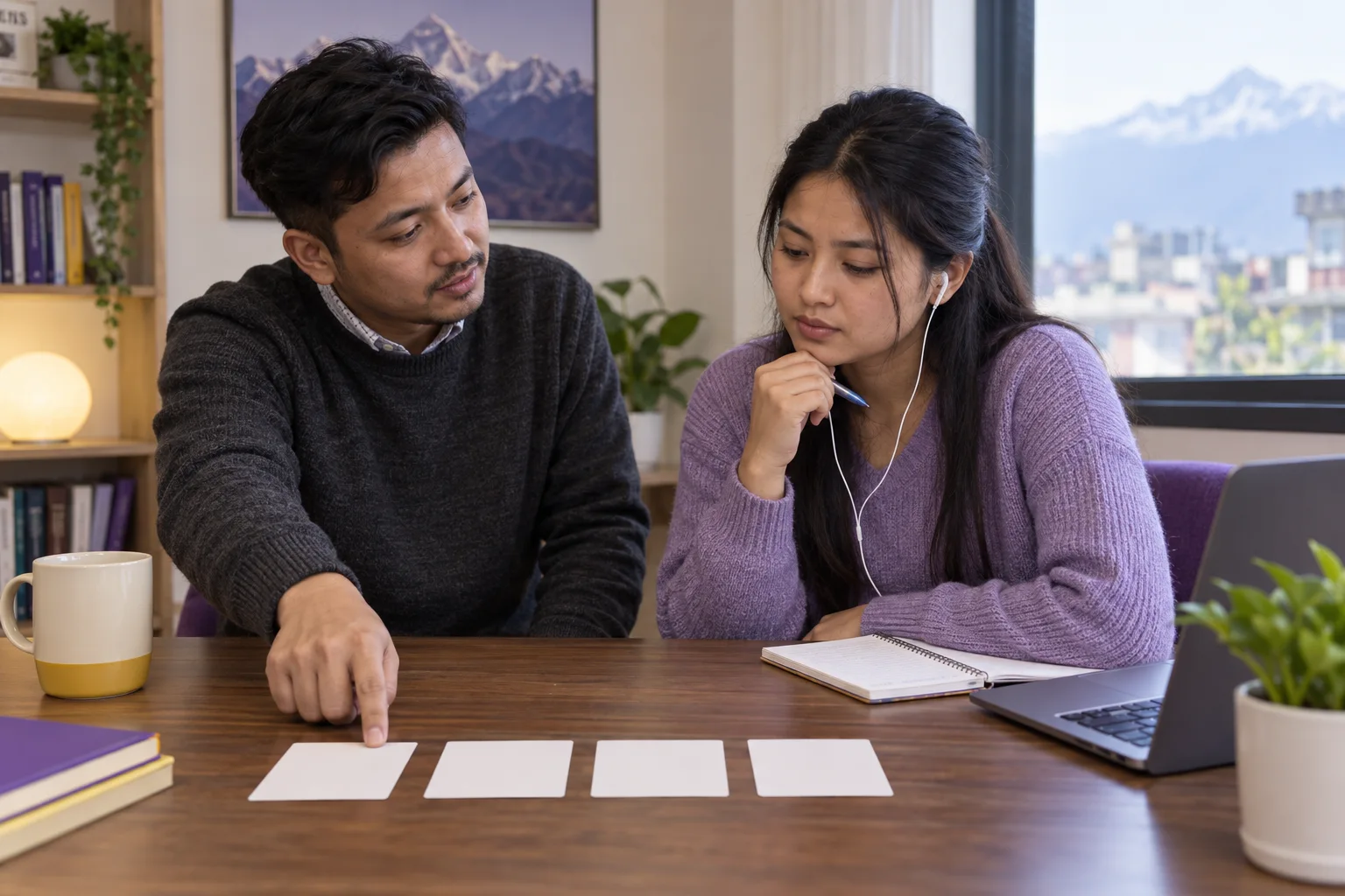 Nepali tutor arranging sequence cards for PTE Repeat Sentence memory