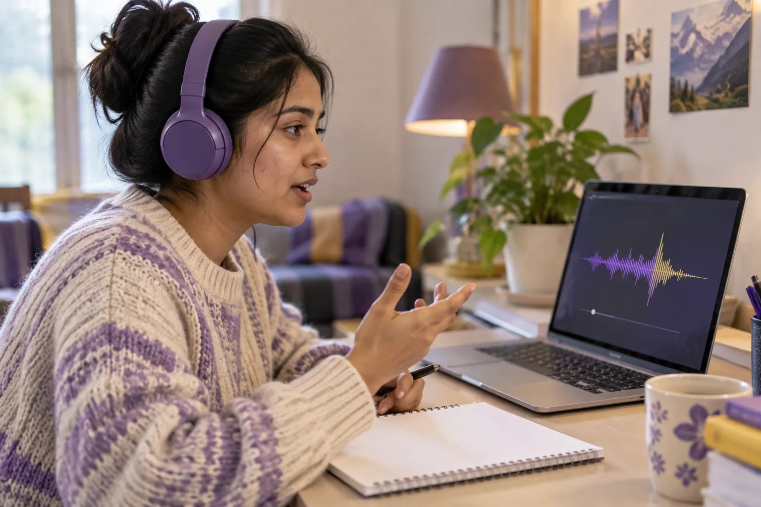 Headphones and practice notes beside an audio waveform for PTE Repeat Sentence