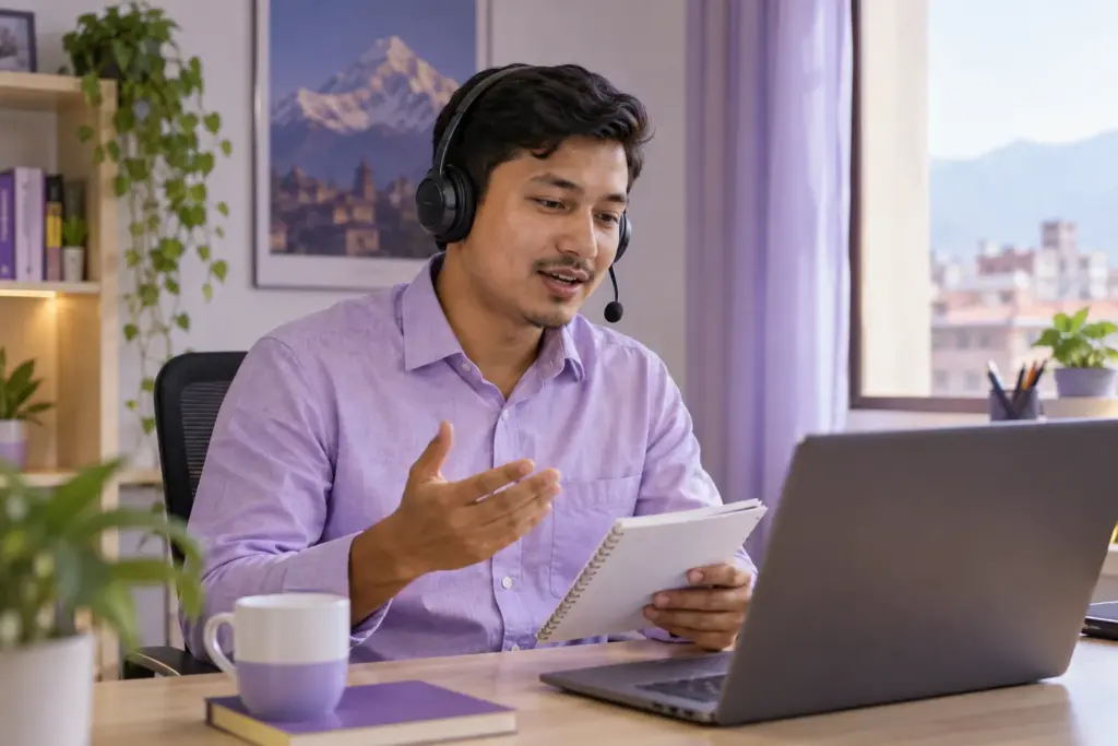 Nepali learner continuing a PTE Repeat Sentence response through a headset