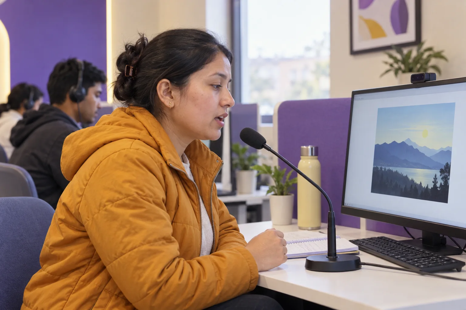 Nepali learner describing an image on screen into a microphone during PTE practice