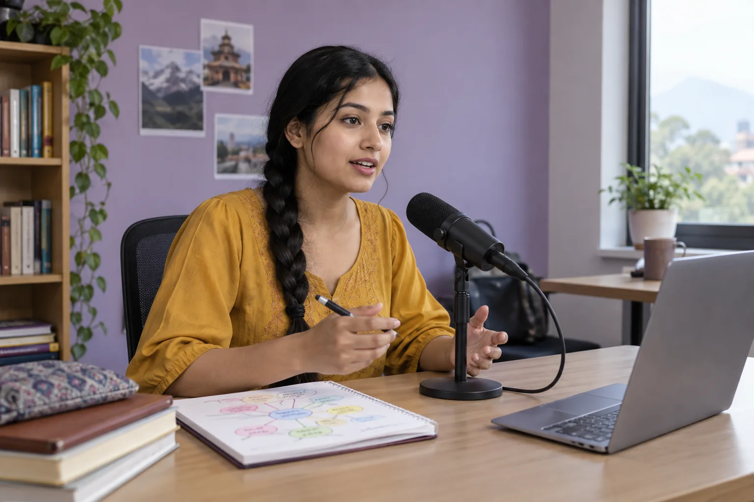 Nepali learner retelling a lecture into a microphone using a mind map