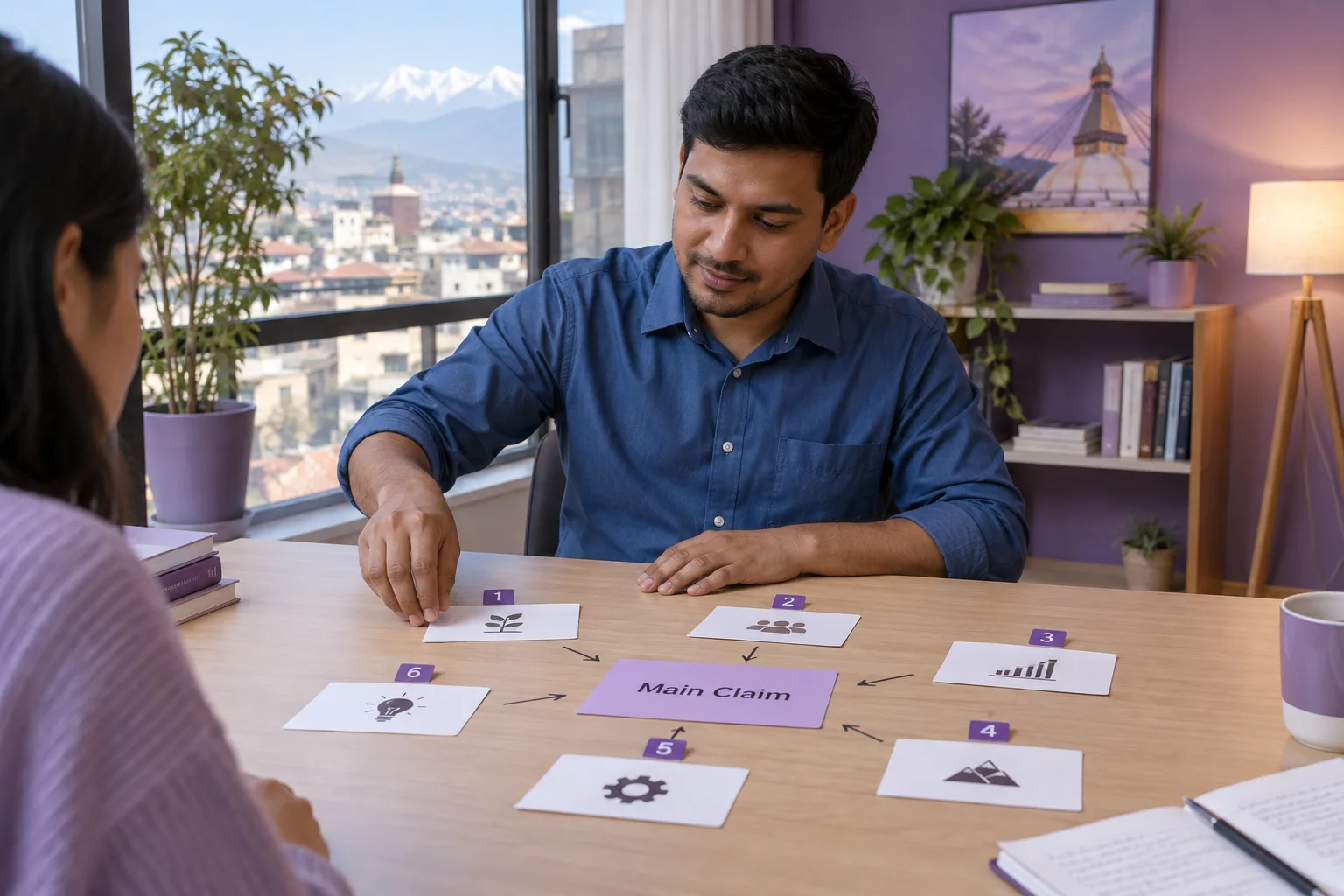 Nepali tutor arranging examples around a main claim for PTE Retell Lecture