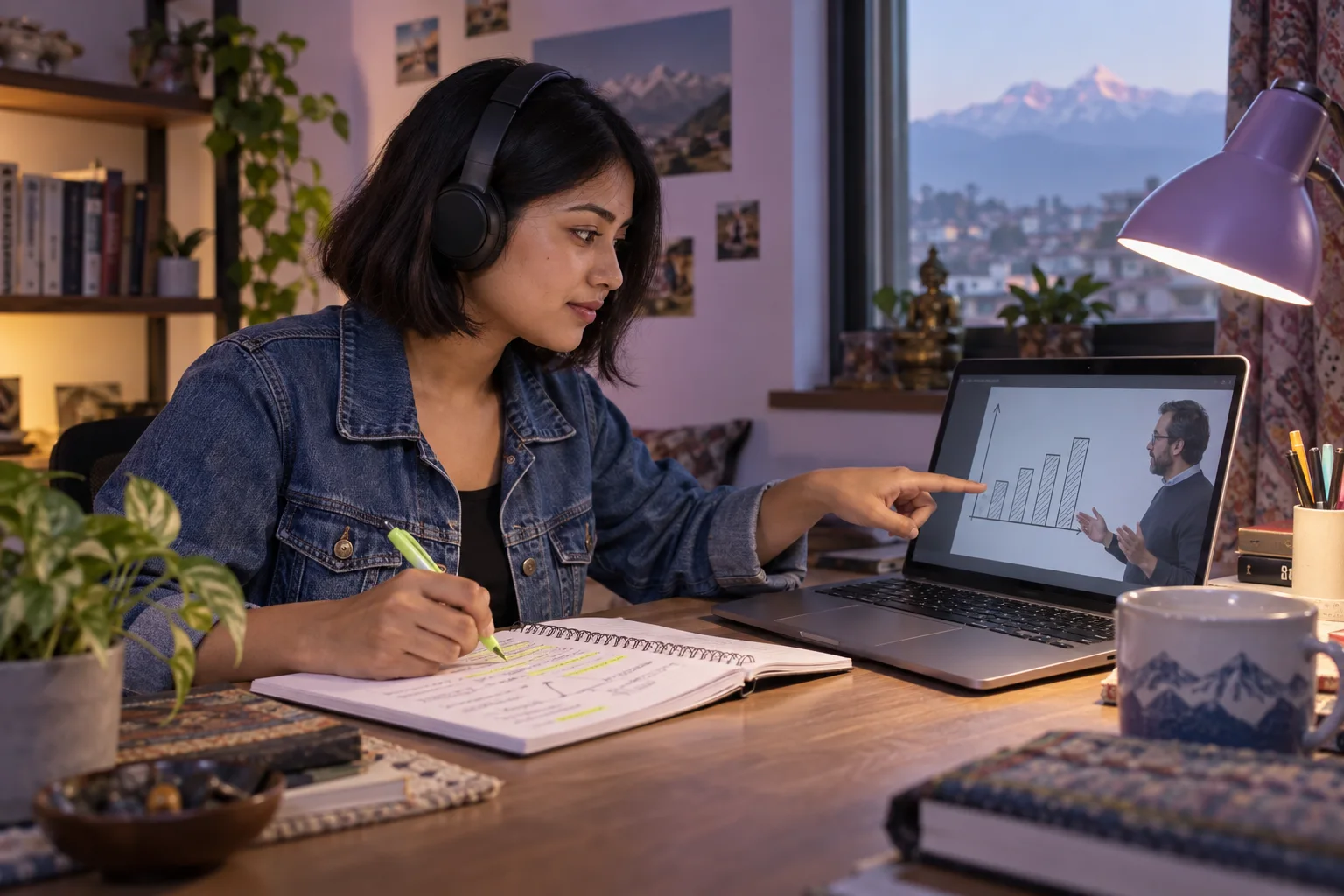 Nepali learner identifying a chart and main claim while listening to a lecture