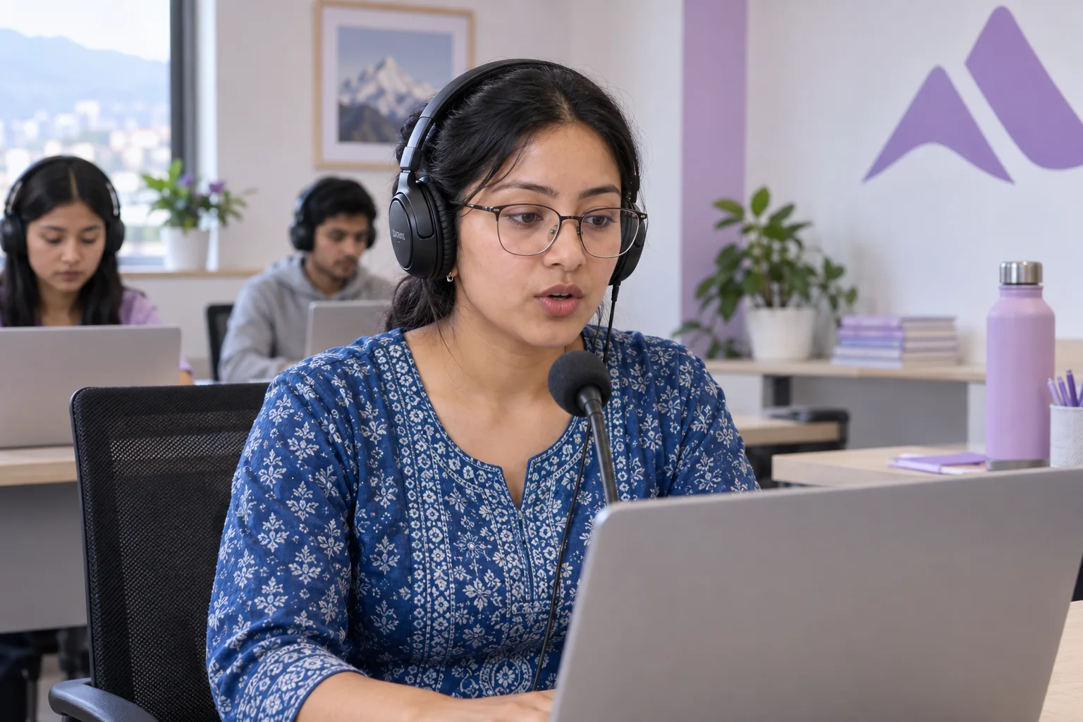 Nepali learner practising a concise spoken answer at a computer