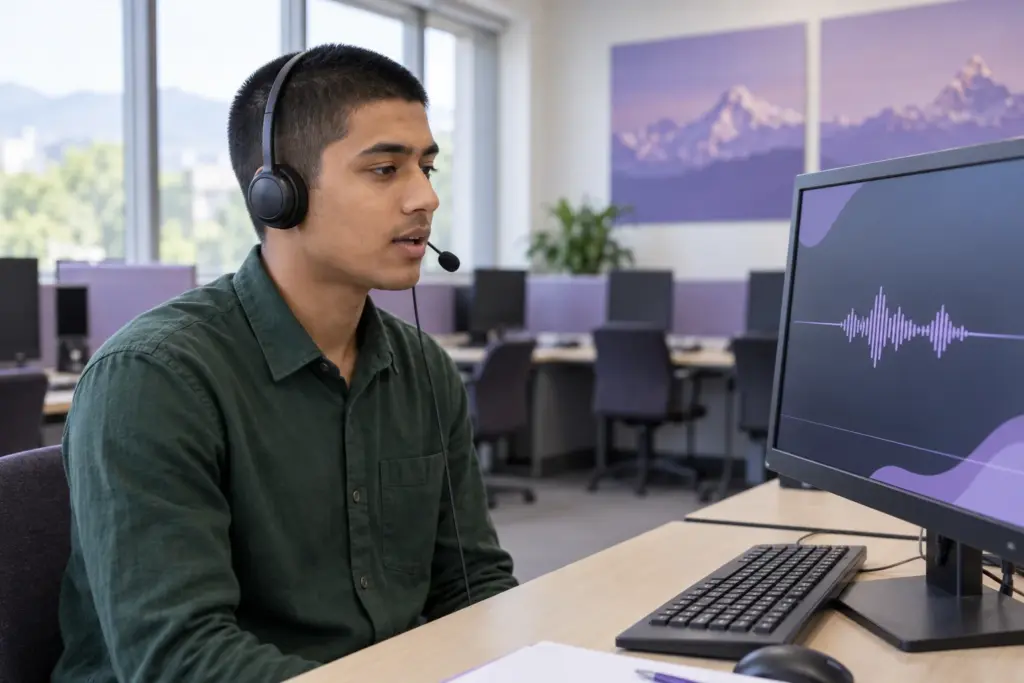 Nepali learner answering a short question through a headset microphone