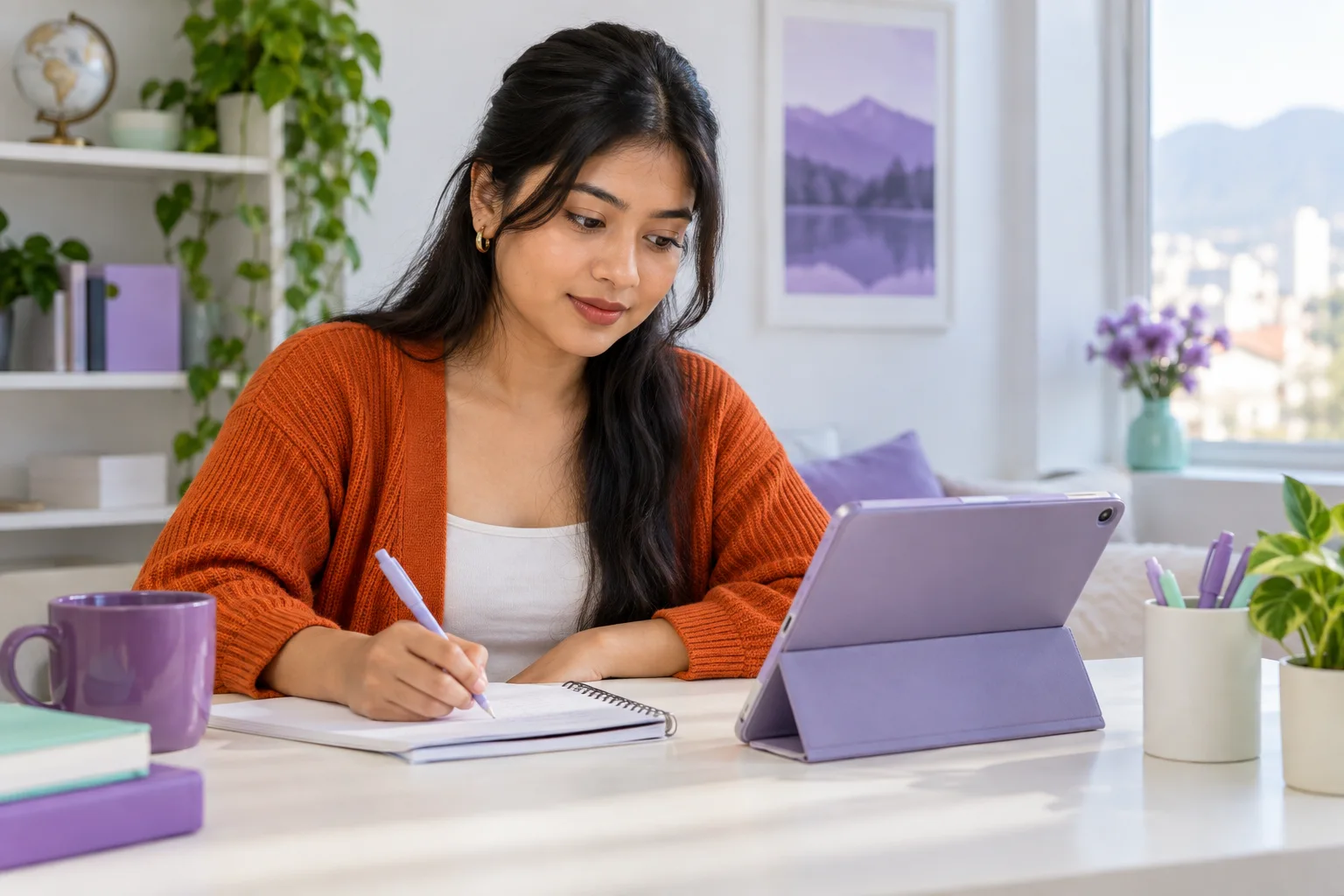Nepali learner writing notes from a group discussion on a tablet