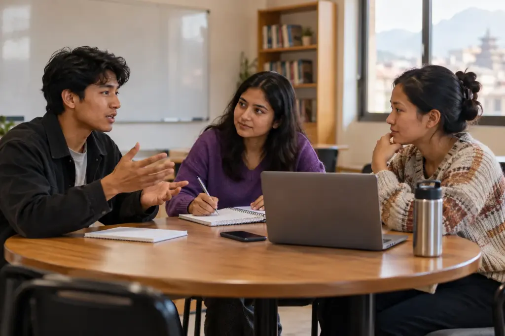 Three Nepali learners discussing a topic while one takes summary notes
