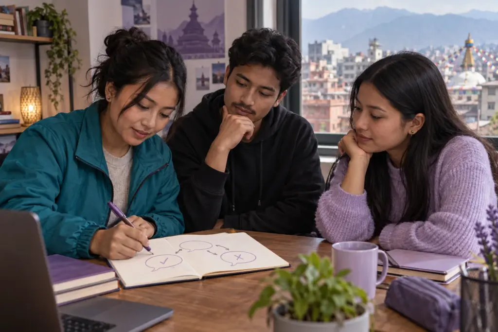 Three Nepali learners tracking agreement and contrast in a group discussion