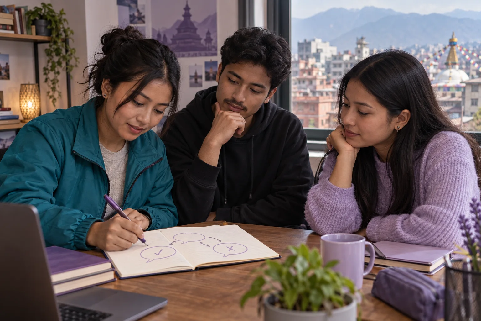 Three Nepali learners tracking agreement and contrast in a group discussion