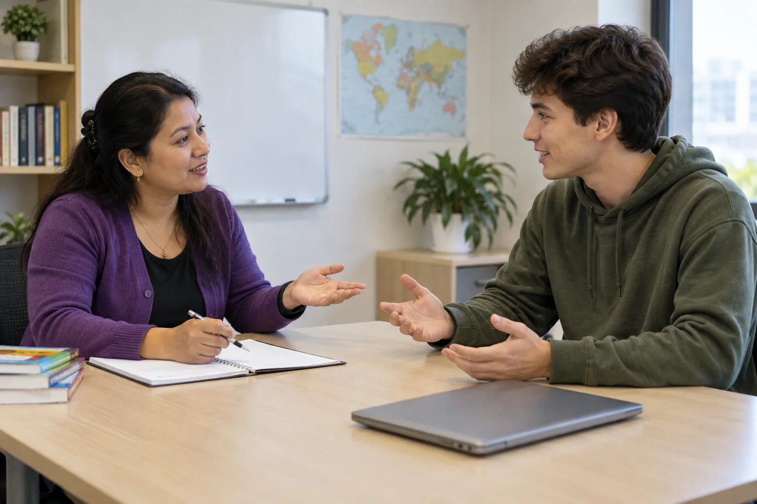Nepali tutor and learner role-playing a practical response to a situation