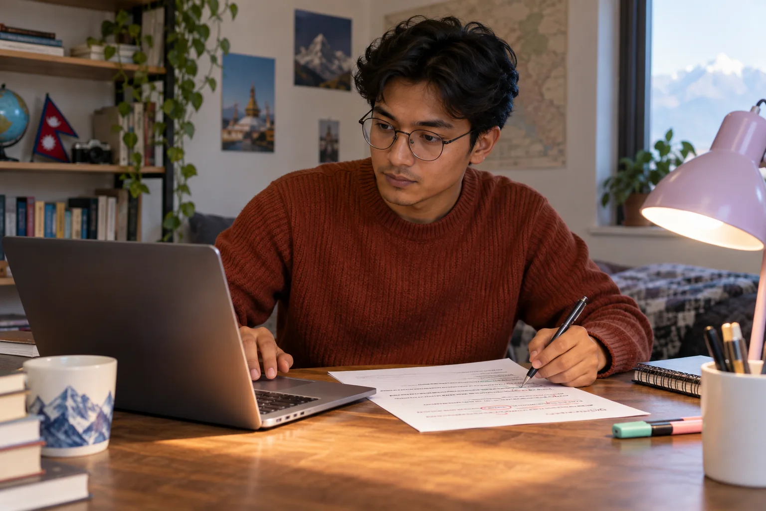 Nepali learner checking grammar and punctuation in a PTE summary sentence