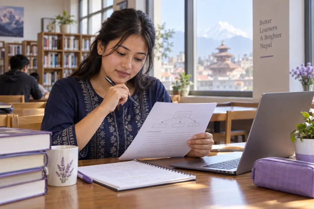 Nepali learner reviewing an essay plan and paragraph structure diagram