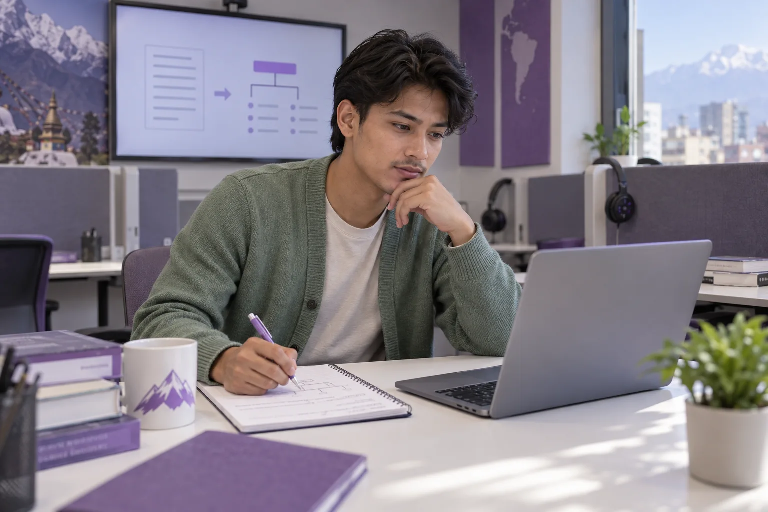 Nepali learner planning an essay introduction with a laptop and notebook