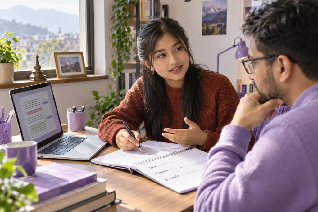 Nepali learner discussing a claim, reason and example with a tutor