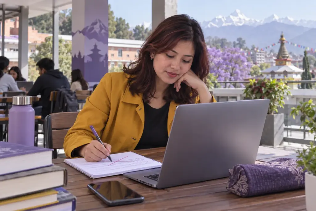 Nepali learner reviewing an essay conclusion and crossing out an extra point