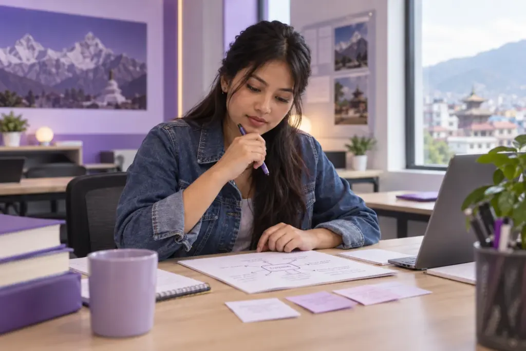 Nepali learner checking a writing practice sheet before a timed task