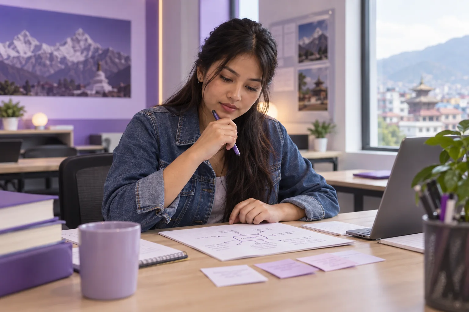 Nepali learner checking a writing practice sheet before a timed task