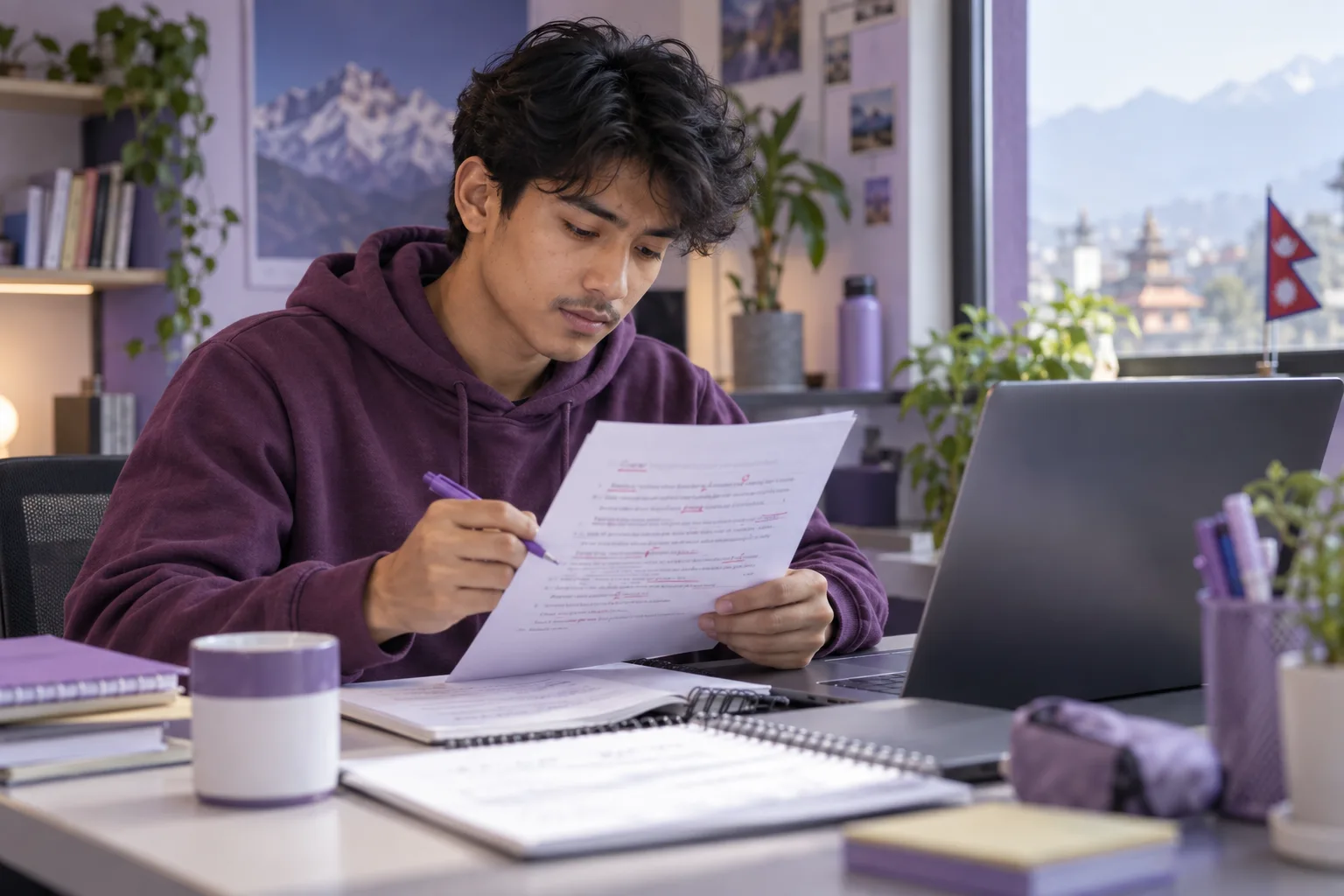 Nepali learner proofreading grammar and spelling on a writing practice sheet