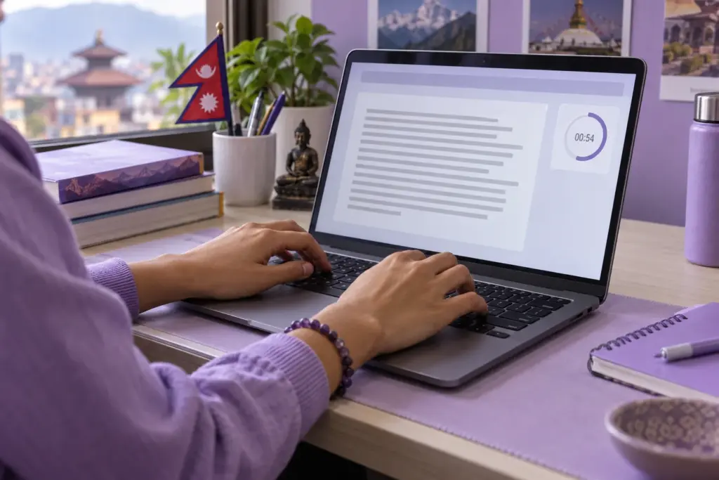 Hands practising accurate typing on a laptop beside a writing timer