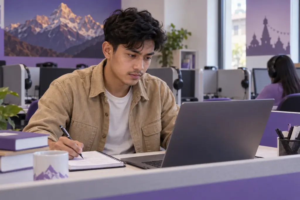 Nepali learner working on a reading mock test in a language lab