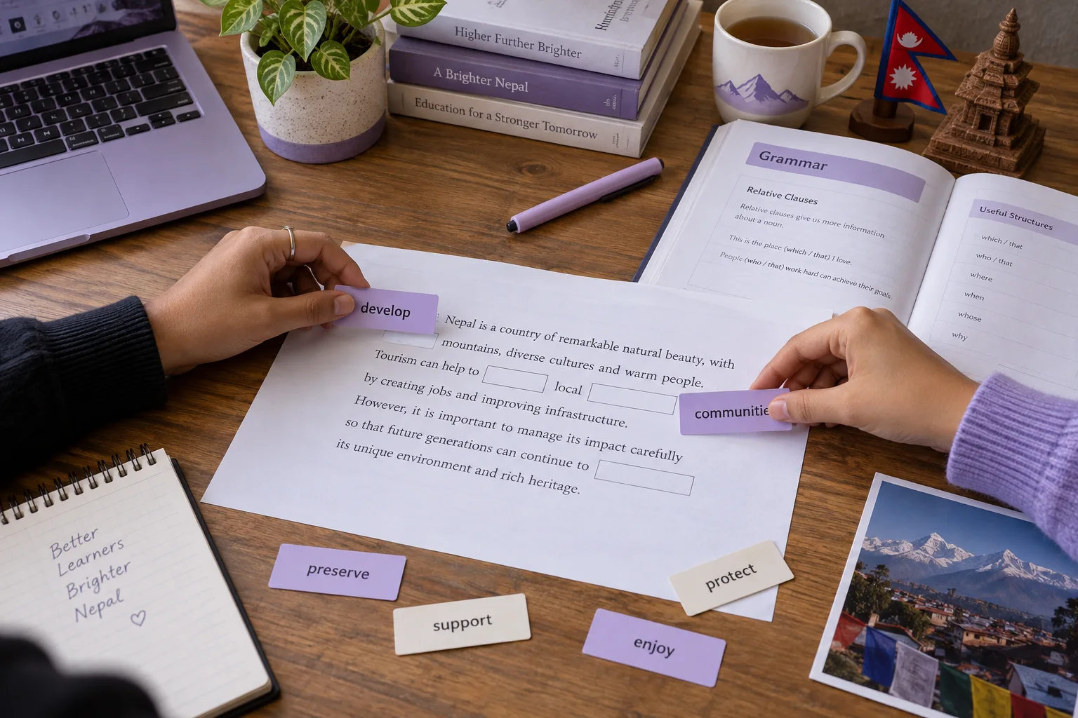 Hands matching word cards to a reading passage with blank spaces