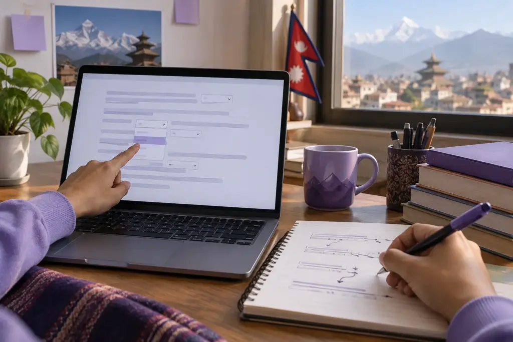 Hand comparing dropdown blanks on a laptop with sentence-logic notes