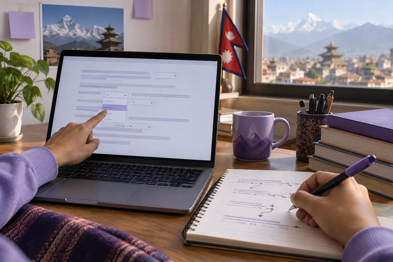 Hand comparing dropdown blanks on a laptop with sentence-logic notes