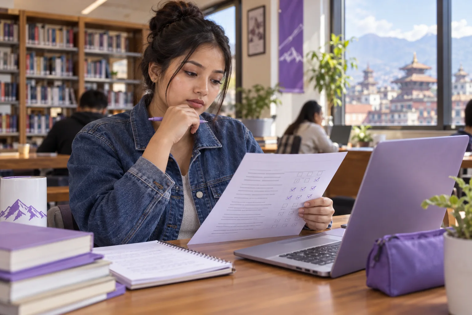 Nepali learner checking multiple-answer selections against passage evidence