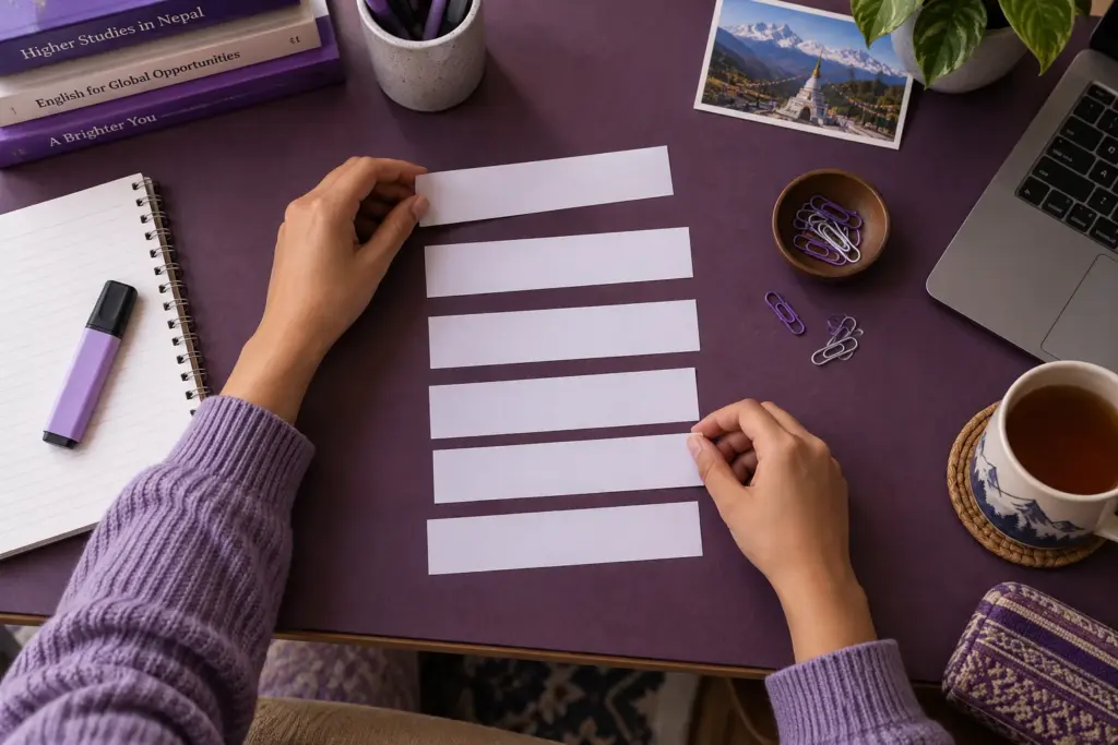 Hands arranging paragraph strips in a logical sequence
