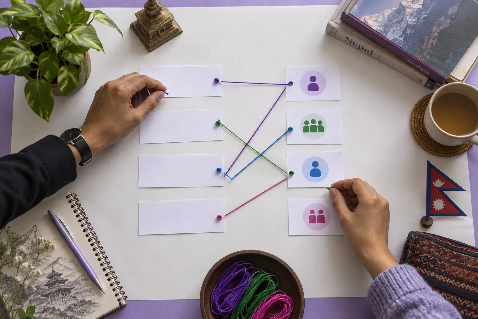 Hands linking sentence cards to reference symbols with coloured strings
