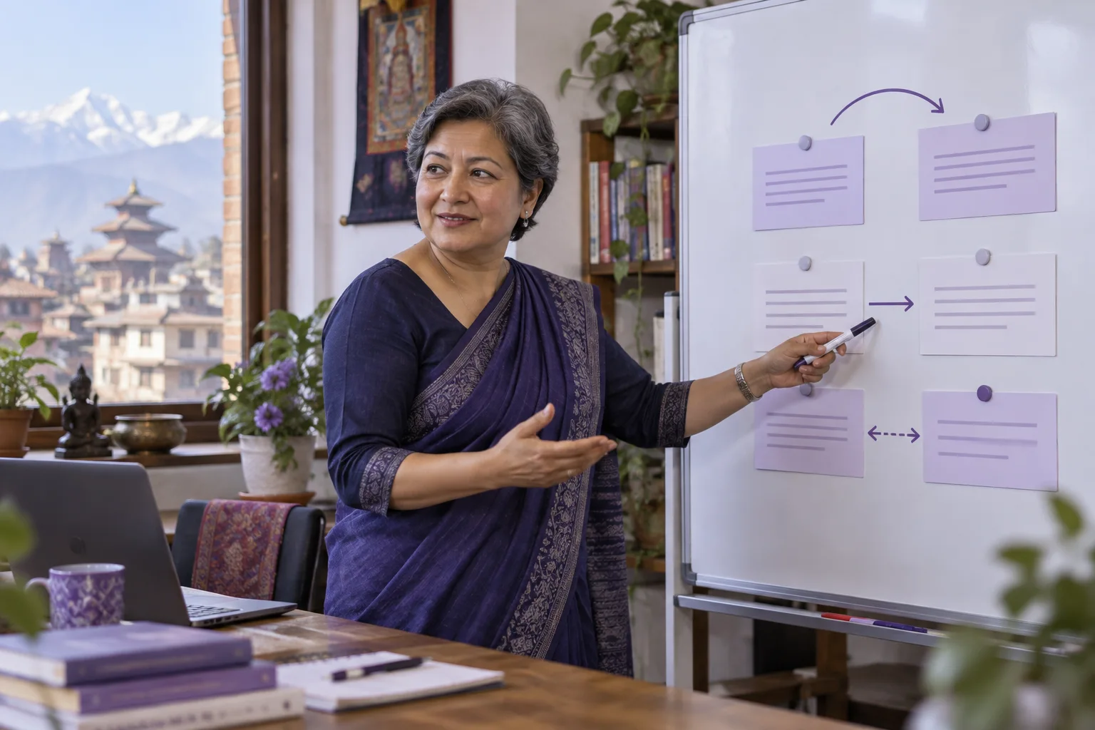 Nepali tutor explaining connectors between paragraph cards on a whiteboard