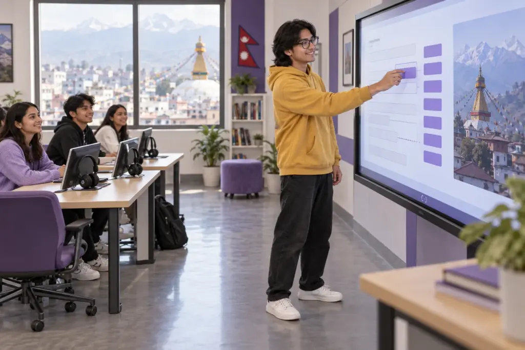 Nepali learner moving word tiles on a classroom touch-screen display